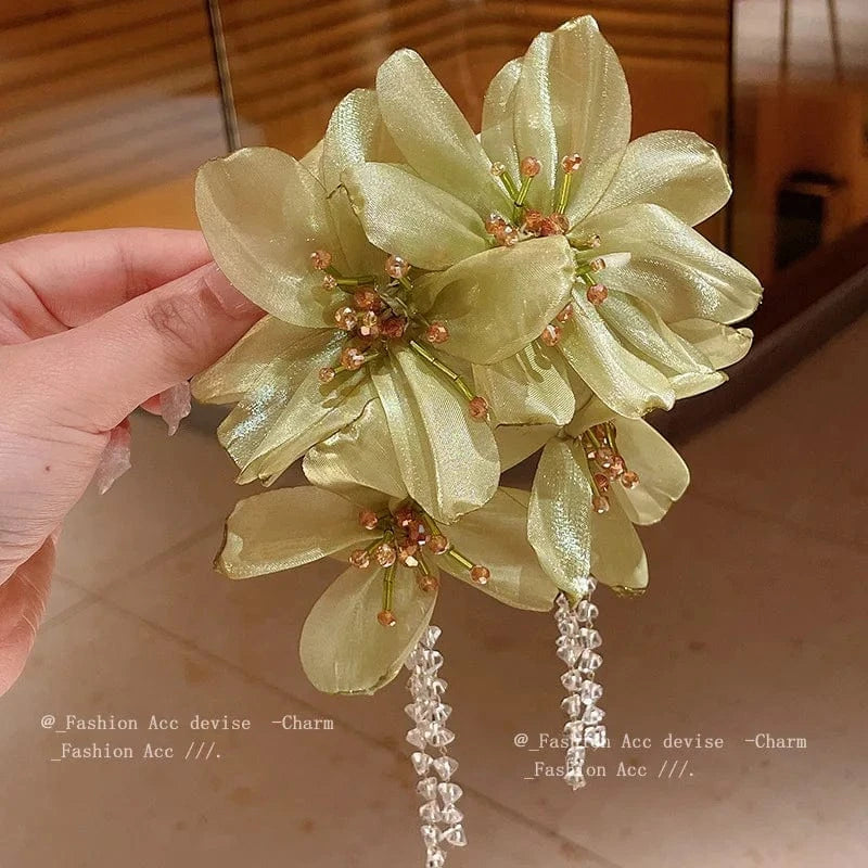 Flower Mesh Crystal Tassel Earrings for Women Elegant Style Exaggerated Long Earings Wholesale