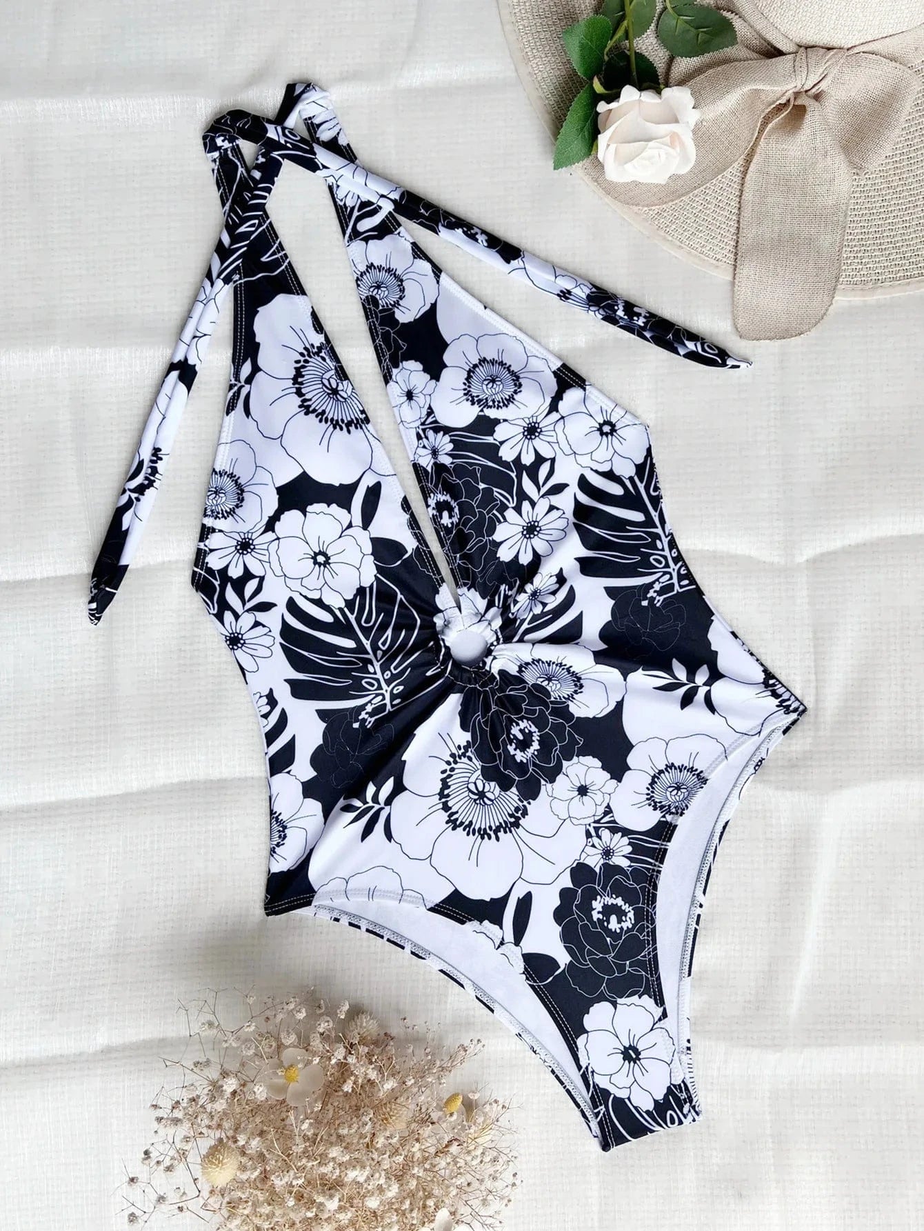 Flower Printed Deep V Neck Halter Swimwear One Piece Swimsuit 2024 Female Monokini Backless Bathing Suit Swim Lady Bather