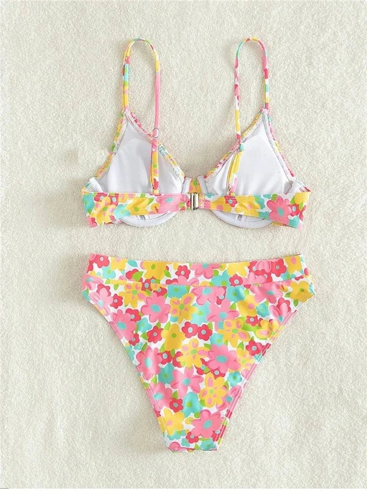 Flower Printed Swimwear Low Waist Bikini Women 2 Piece Swimsuit Brazilian Sexy Bathing Suit