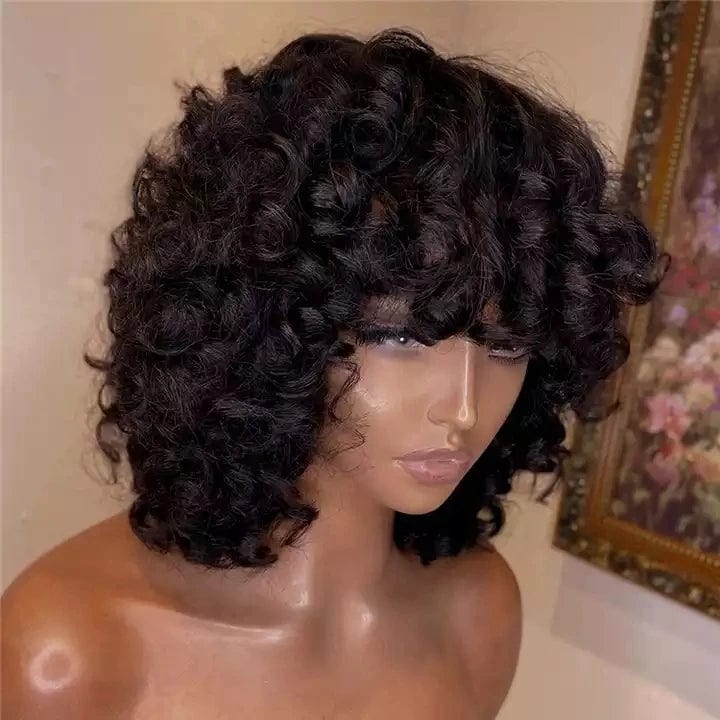 Fluffy Bouncy Curly Human Hair Wigs with Bangs 13X4 HD Lace Peruvian 180% Funmi Curls Short Bob Full natural Wigs for Women
