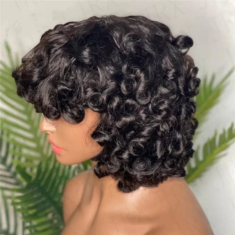 Fluffy Bouncy Curly Human Hair Wigs with Bangs 13X4 HD Lace Peruvian 180% Funmi Curls Short Bob Full natural Wigs for Women