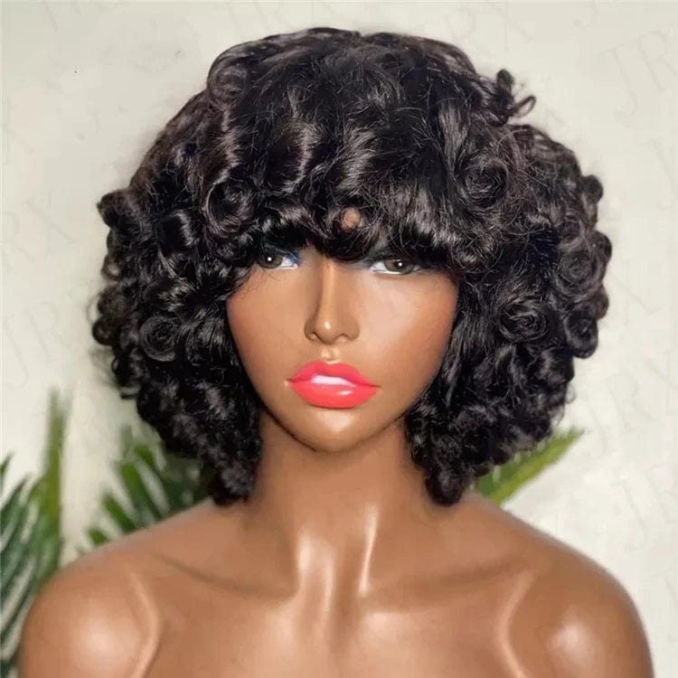 Fluffy Bouncy Curly Human Hair Wigs with Bangs 13X4 HD Lace Peruvian 180% Funmi Curls Short Bob Full natural Wigs for Women