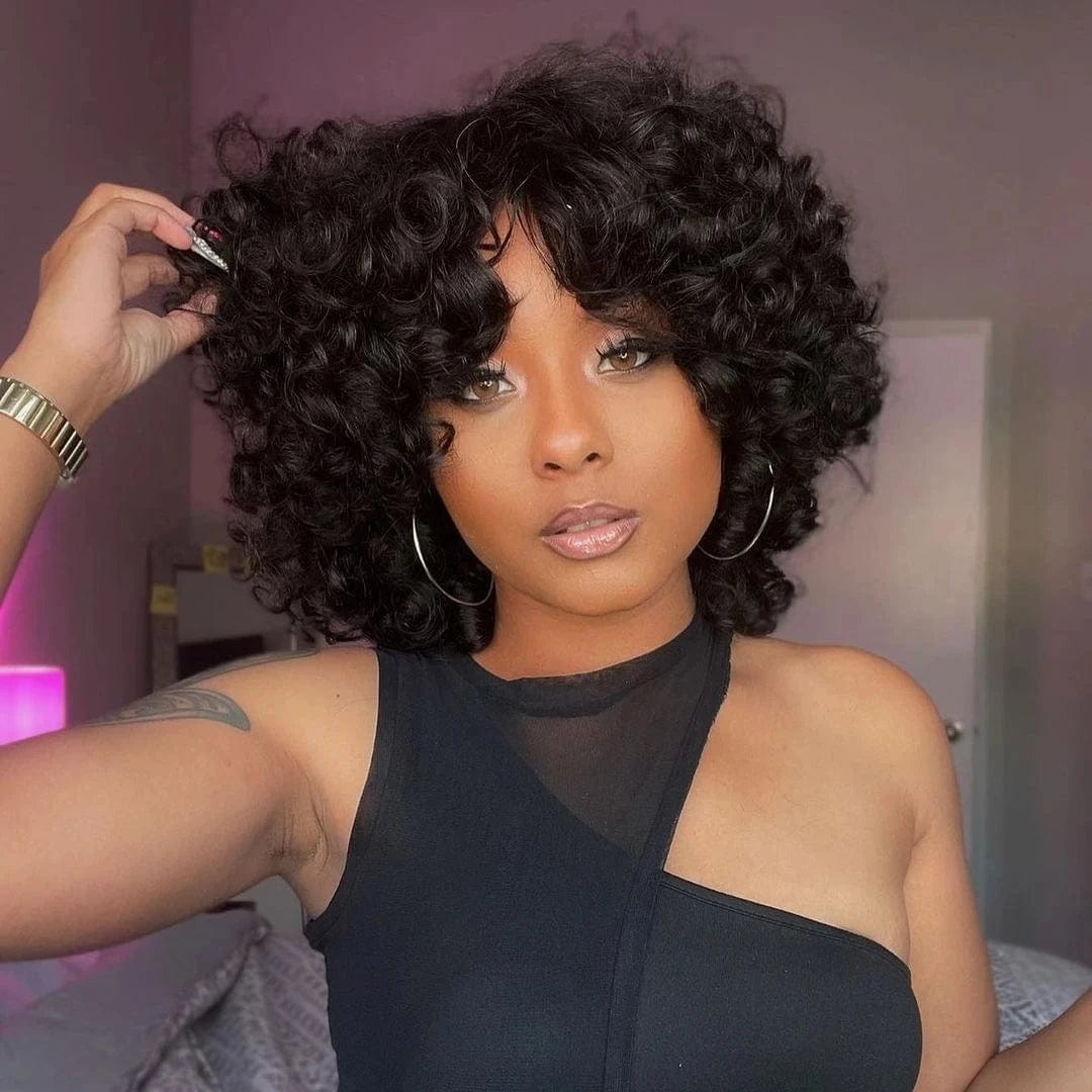Fluffy Bouncy Curly Human Hair Wigs with Bangs 13X4 HD Lace Peruvian 180% Funmi Curls Short Bob Full natural Wigs for Women