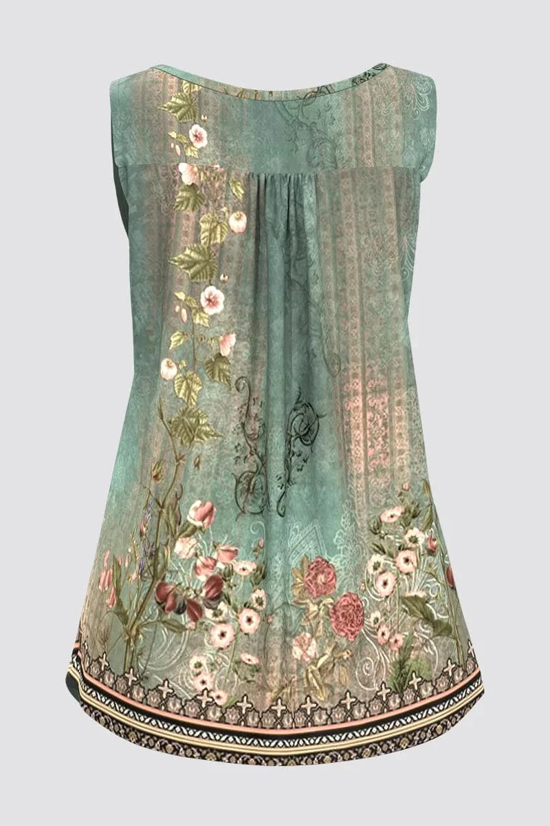 Flycurvy Plus Size Casual Green Retro Boho Floral Print pleated Tunic Tank Top