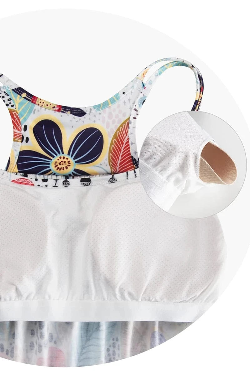 Flycurvy Plus Size Casual White Floral Print Adjustable Double Shoulder Strap Cami With Built In Bra