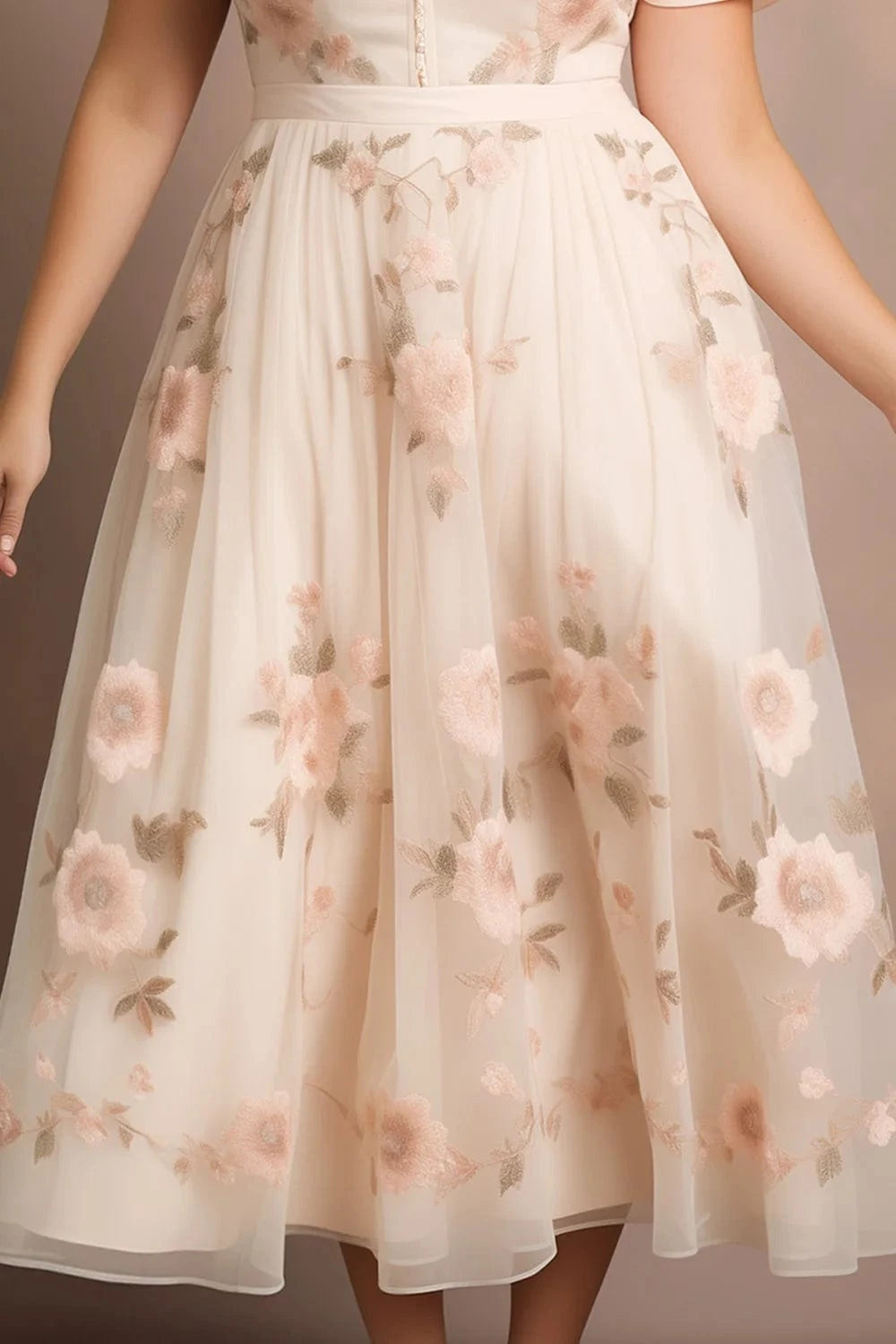 Flycurvy Plus Size Wedding Guest Beige Mesh Button Floral Print Midi Dress