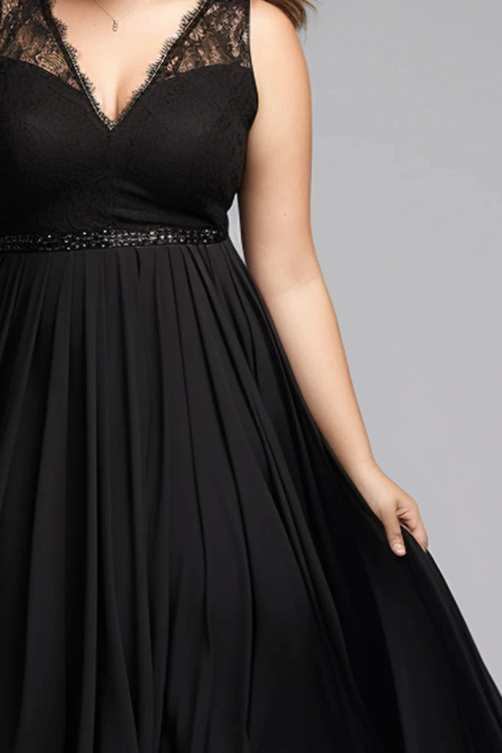 Flycurvy Plus Size Wedding Guest Black Chiffon Sleeveless Empire Waist Tea-Length Dress