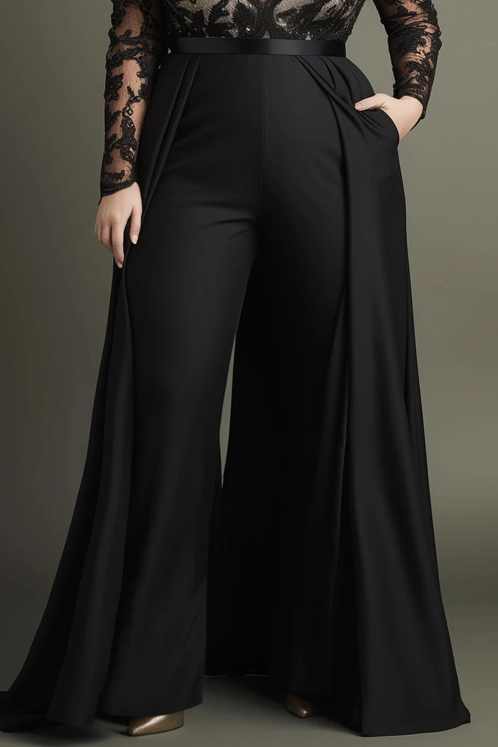 Flycurvy Plus Size Wedding Guest Black Lace Deep V Neck Long Sleeve Pocket Jumpsuit