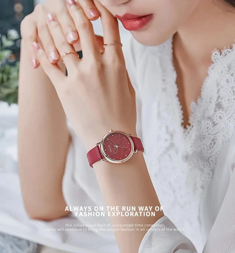 Four-leaf Clover Flower Elegant Women's Watch Japan Mov't Lady Hours Fine Fashion Real Leather Bracelet Girl's Gift Julius Box