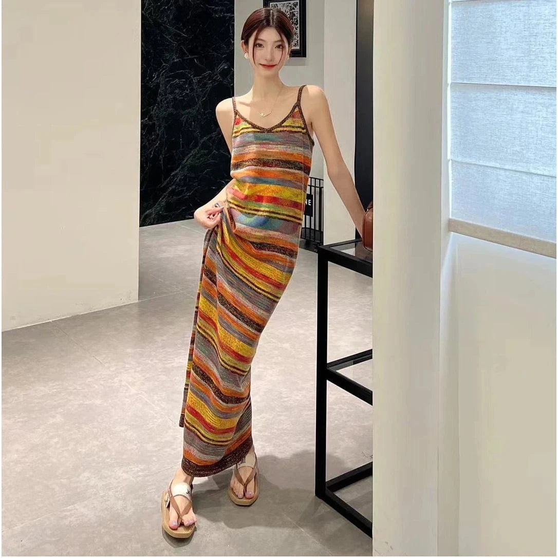 Free / 1 2024 Spring lady V- neck singlet sleeveless striped sweater dress luxurious base knit dress