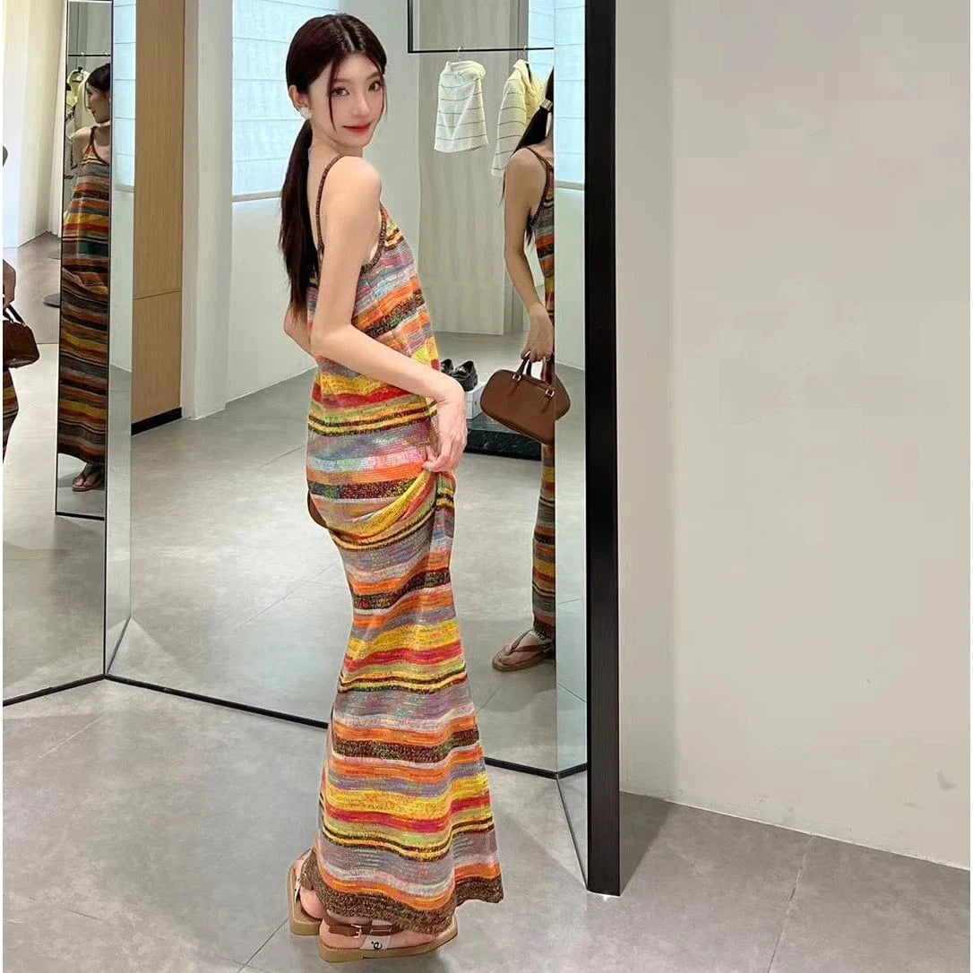 Free / 1 2024 Spring lady V- neck singlet sleeveless striped sweater dress luxurious base knit dress