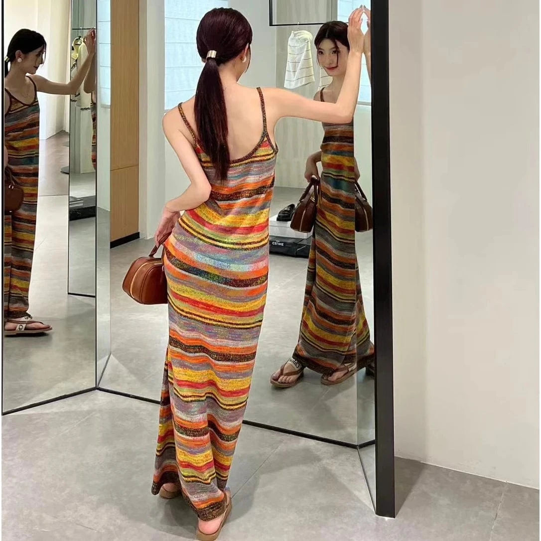 Free / 1 2024 Spring lady V- neck singlet sleeveless striped sweater dress luxurious base knit dress