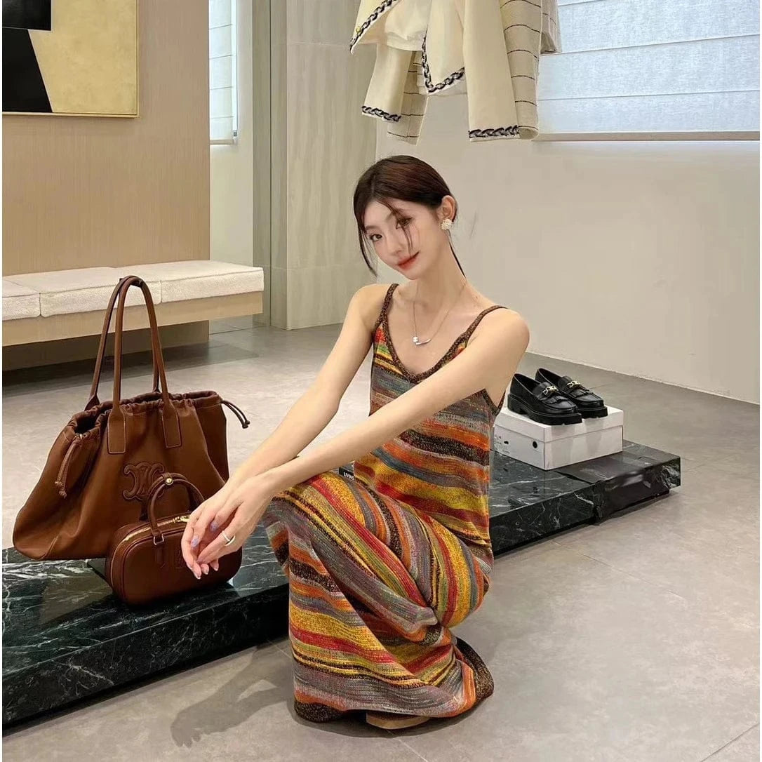 Free / 1 2024 Spring lady V- neck singlet sleeveless striped sweater dress luxurious base knit dress