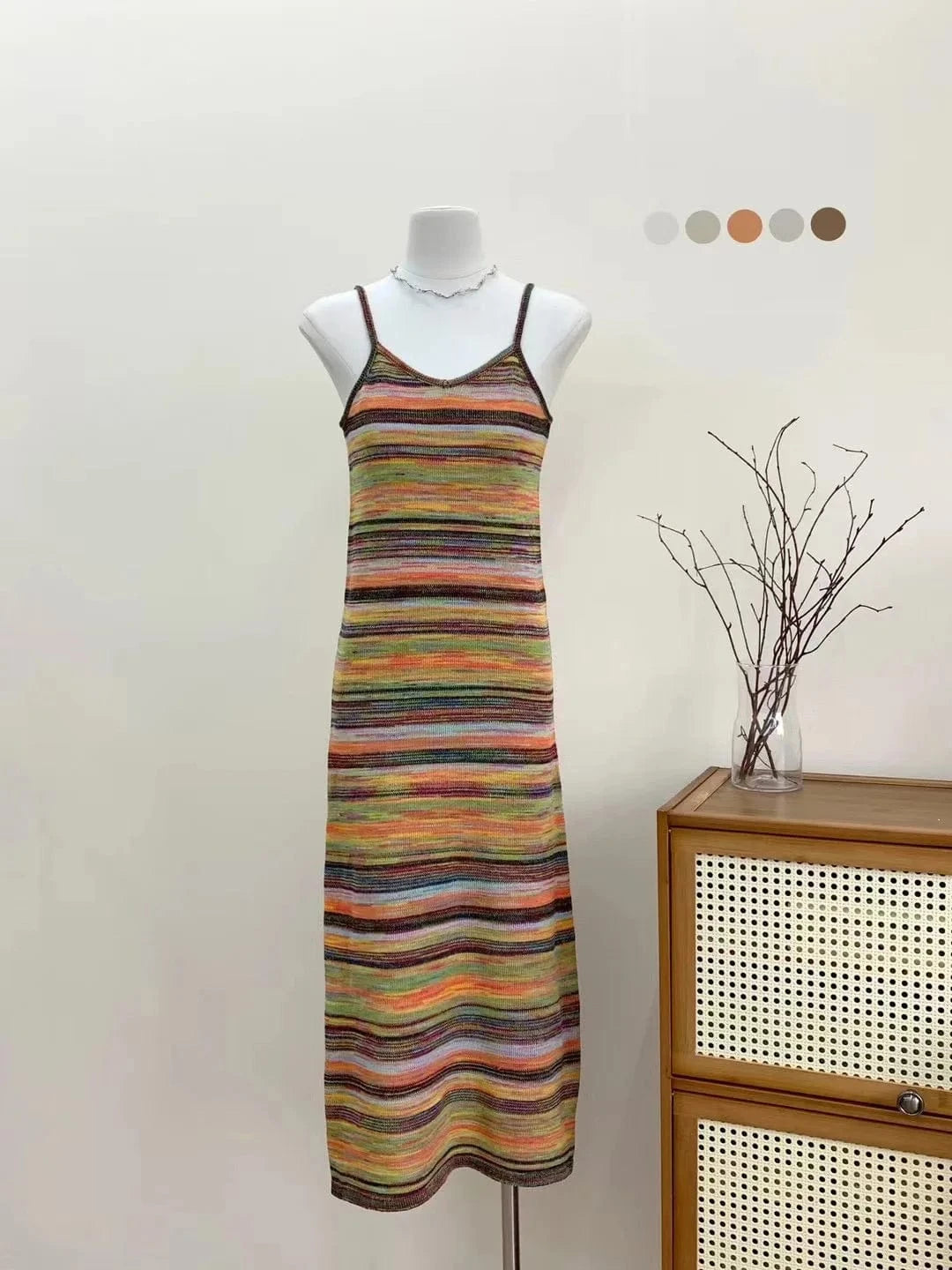 Free / 1 2024 Spring lady V- neck singlet sleeveless striped sweater dress luxurious base knit dress