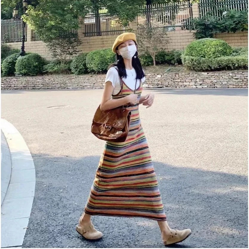 Free / 1 2024 Spring lady V- neck singlet sleeveless striped sweater dress luxurious base knit dress