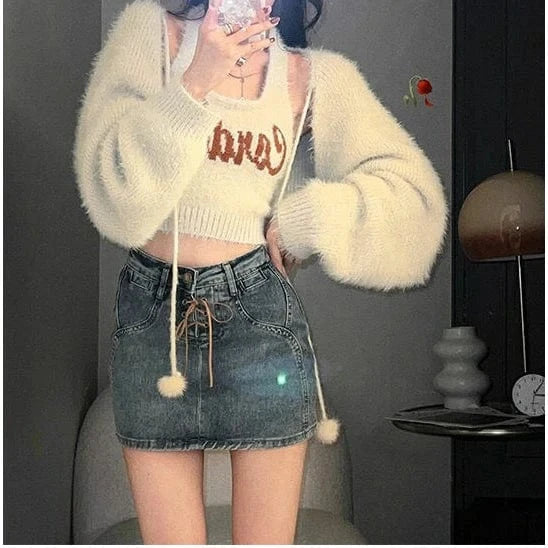 Free / 1 2024 Spring women new arrival open chest long sleeve solid cardigan sleeveless jumper dress sweater set