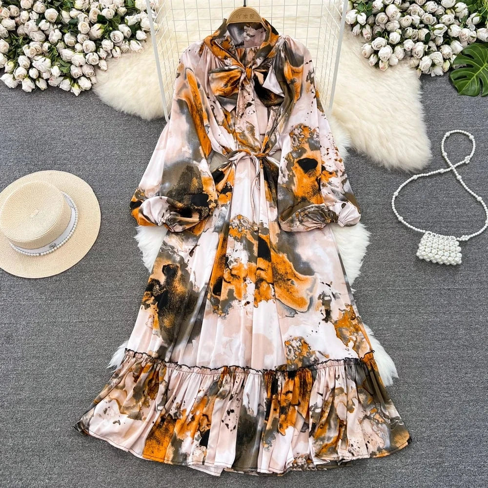 Free / 6 Autumn Vintage Chic Ribbon Bow Knot Long Sleeve Ruffles Patchwork Midi Dress Women Retro Dresses Clothing