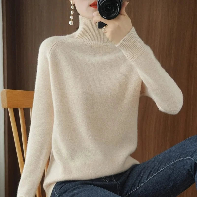 Free / apricot 2024 new arrival fashion lady mock collar long sleeve slim fit free size plain cashmere sweater
