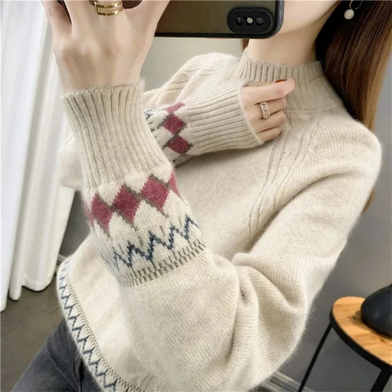Free / Apricot 2024 Spring women new arrival crew neck Smiling face Jacquard raglan sleeve oversize lady sweater pullover