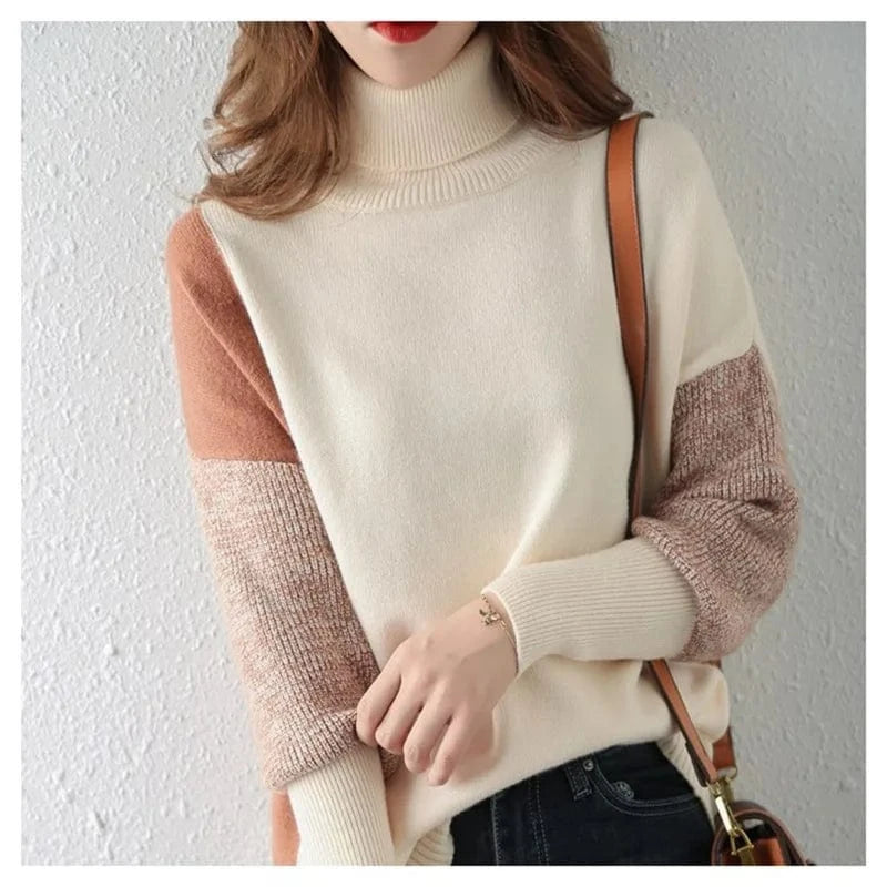 Free / apricot High Collar Colour Bump Jumper Women Loose Autumn And Winter 2024 New Knitted Jumper Tops Women