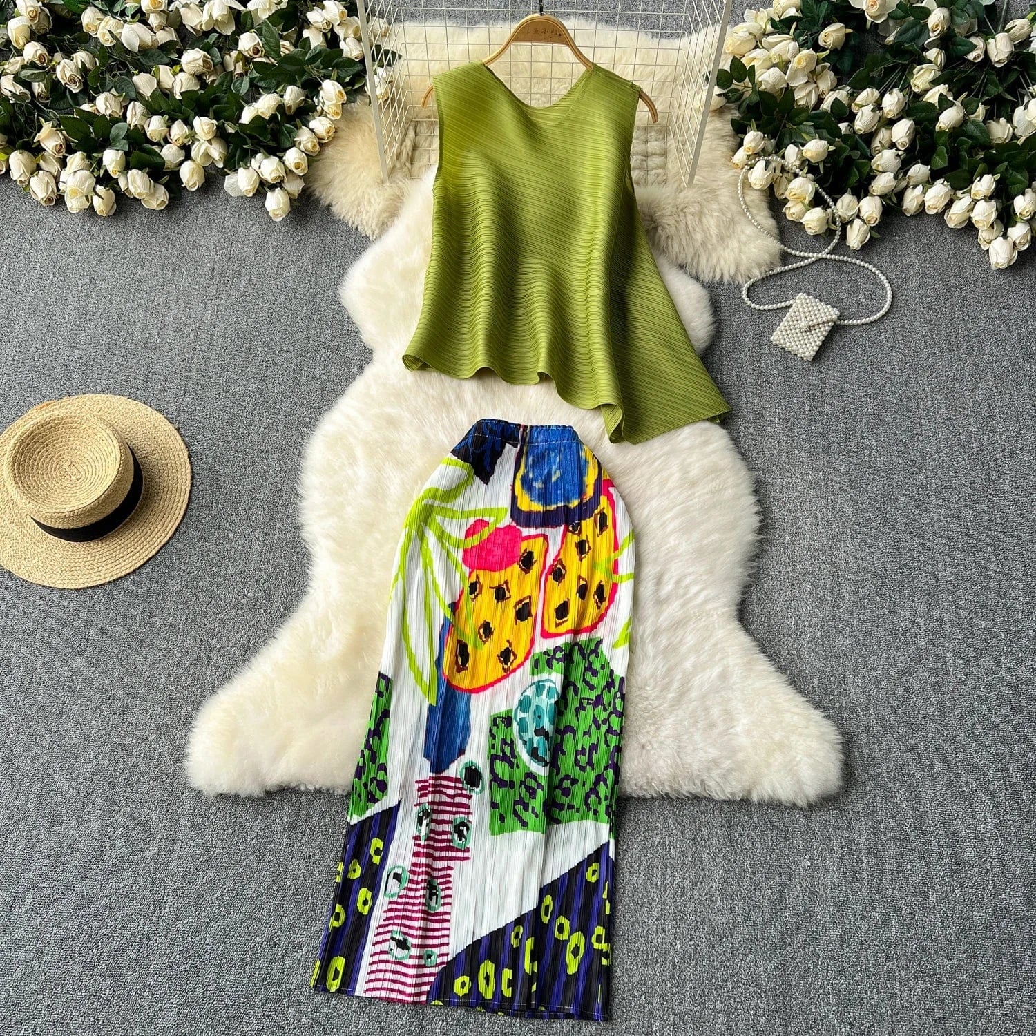 Free / Army Green Celebrity Small Fragrance Set Western-style Raw-edged Panel Shawl Cardigan Short Top Sling Dress Two Piece Set In Stock