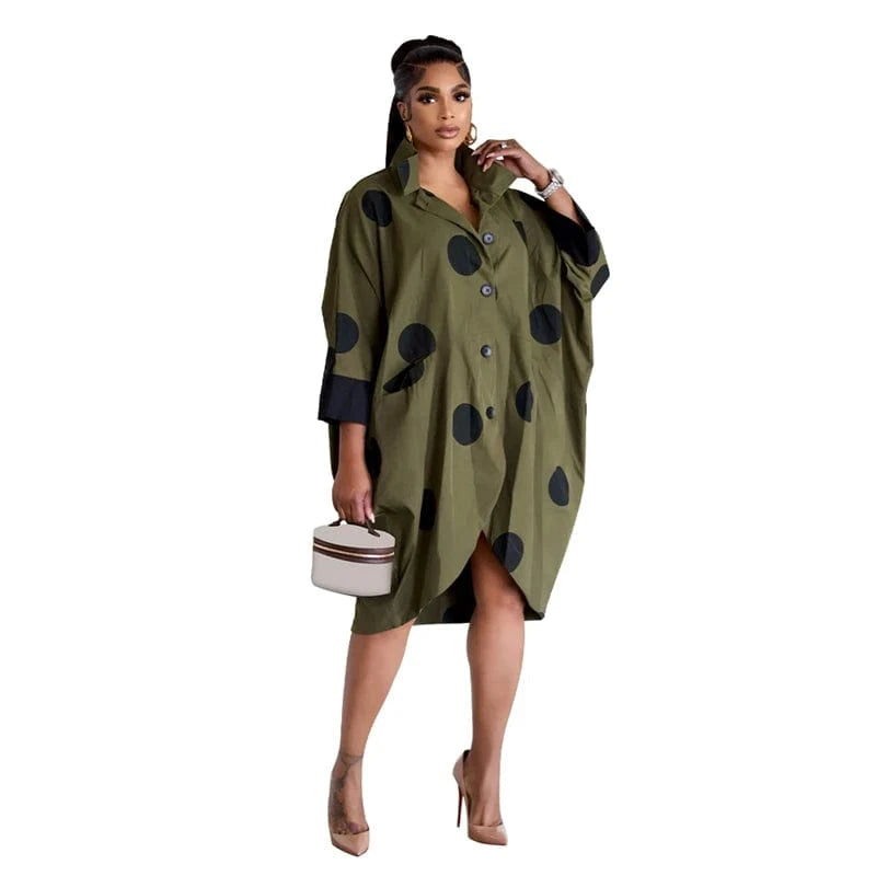 Free / Army Green dot print knit oversize long loose fitting long sleeve midi shirt dress 2024 new arrival woman casual cotton clothing for women