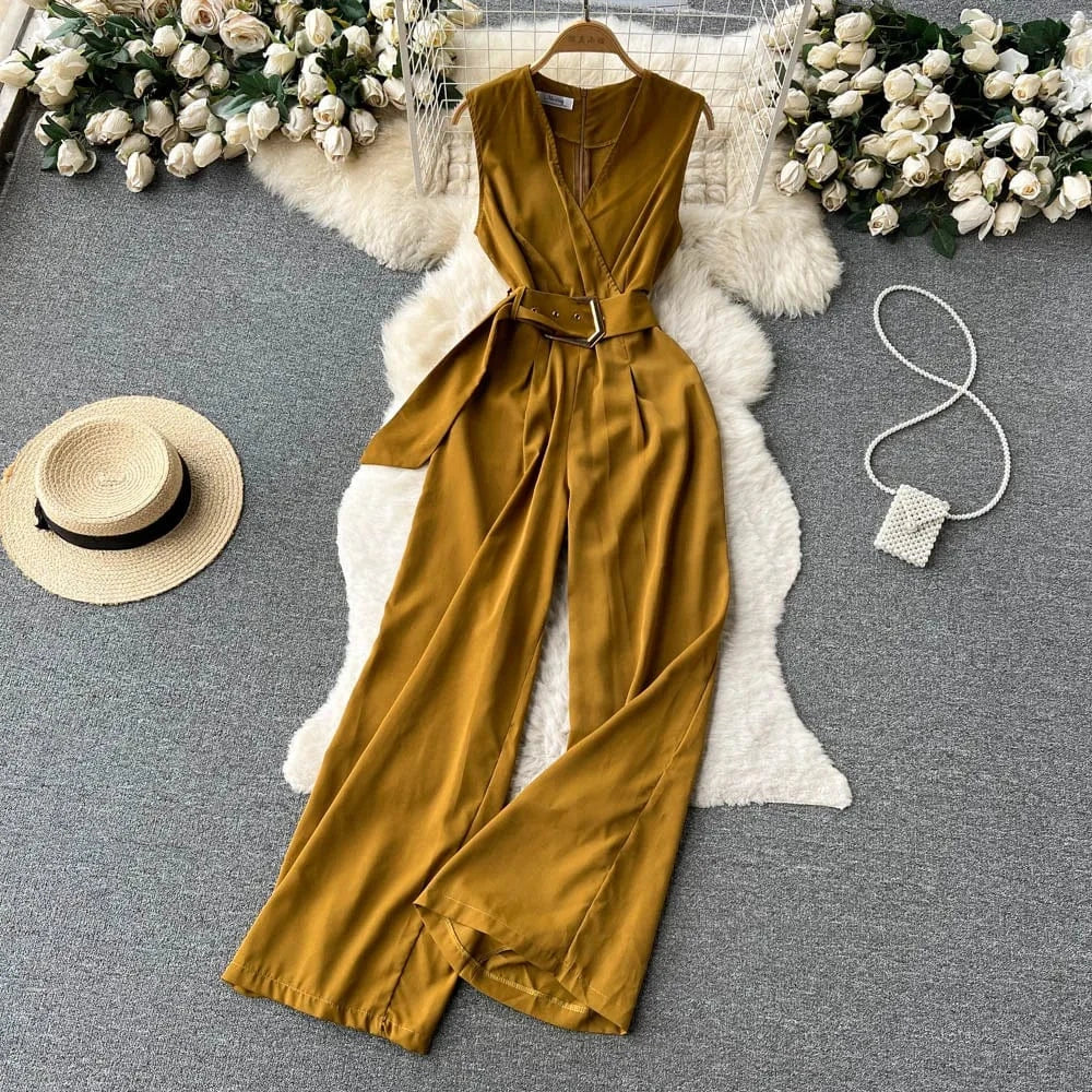 Free / Army Green V-neck Solid Casual Long Jumpsuits Autumn Jump Suits Ladies Elegant Overalls One Piece Wholesale