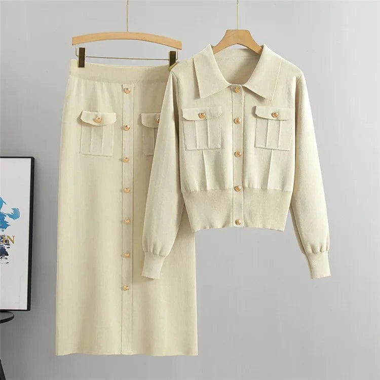 Free / Beige Wholesale 2024 Autumn New French High Fashion Flip Collar long sleeve Sweater Skirt ribbed Knitted Women's 2 piece Set clothing