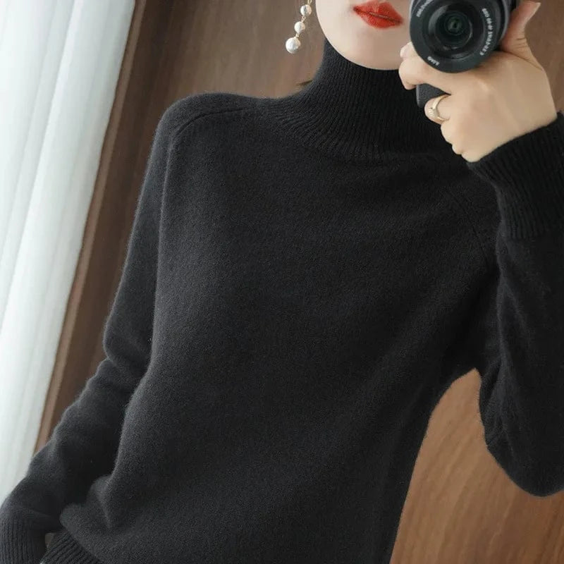 Free / Black 2024 new arrival fashion lady mock collar long sleeve slim fit free size plain cashmere sweater