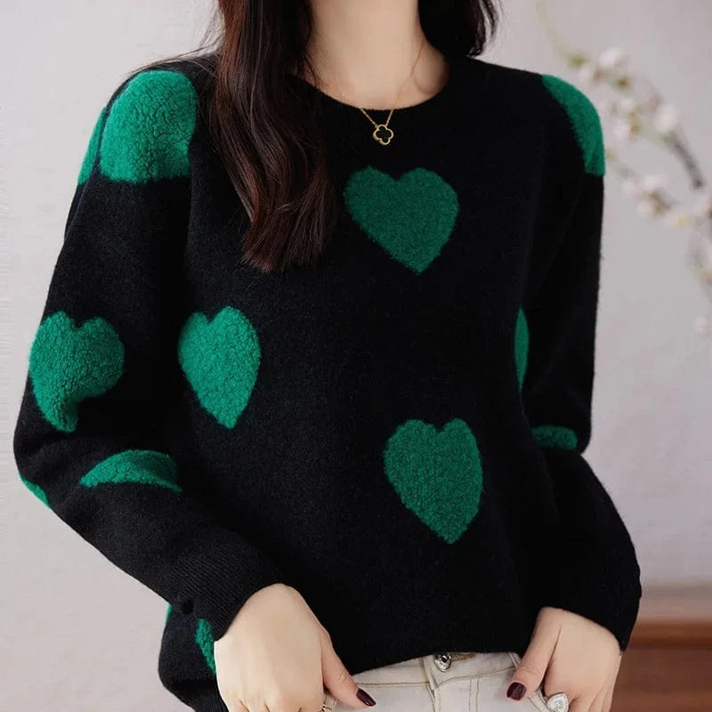 Free / Black 2024 spring new arrival fashion lady round neck long sleeve plus size heart shape print women pullover sweater