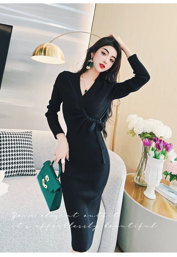 Free / Black 2024 Spring office ladies new arrival v-neck long sleeve high waist with belt elegant sweater dress