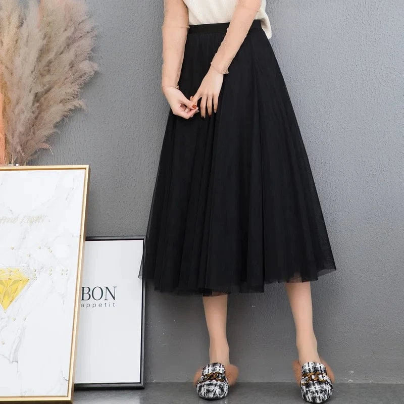 Free / Black 76CM 2024 Korean Style Midi Long Tulle Skirts Womens Summer Elastic High Waisted Maxi Skirts Femme A Line Mesh  Fashion skirt 50%