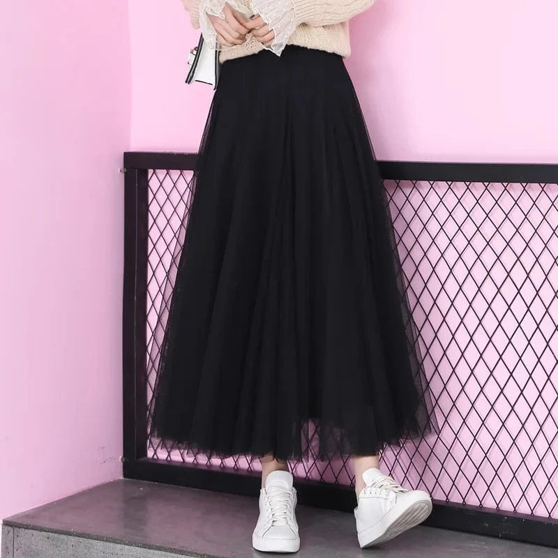 Free / Black 86cm 2024 Korean Style Midi Long Tulle Skirts Womens Summer Elastic High Waisted Maxi Skirts Femme A Line Mesh  Fashion skirt 50%