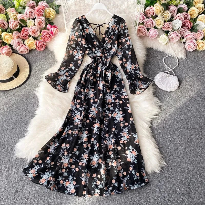 Free / Black ANSZKTN New Korean Style Floral Print Long Sleeve Casual A Line V Neck Dresses Women Lady Elegant
