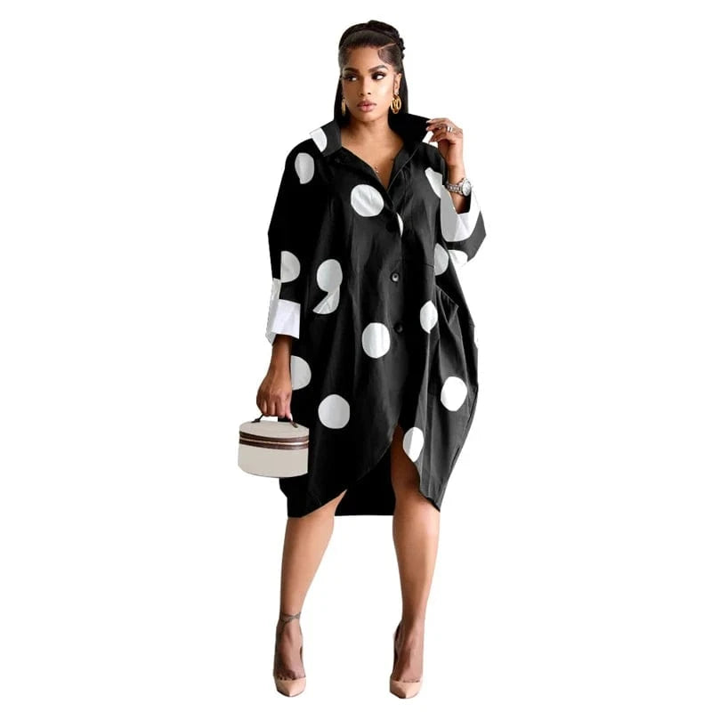 Free / Black dot print knit oversize long loose fitting long sleeve midi shirt dress 2024 new arrival woman casual cotton clothing for women