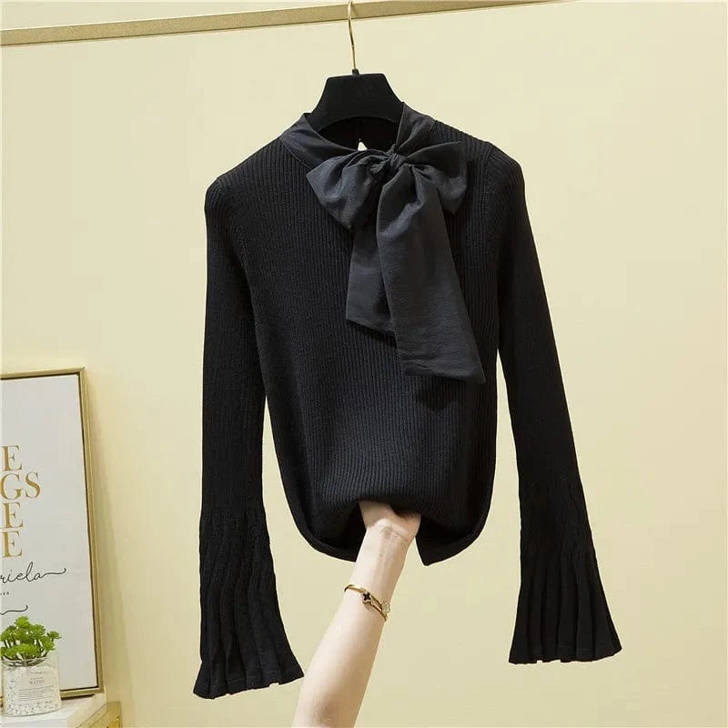 Free / Black French Style Bow Flare Sleeve Pullovers Women 2024 Temperament Slim Bottoming Sweater Ladies Simple All-Match Jumper Knitwear