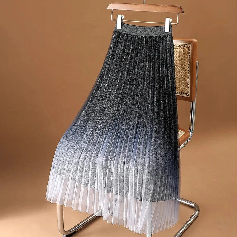 Free / Black Gradient Elegant Pleated Skirt Women Mesh Shining Long Big Hem High Waist Ladies Midi Skirts New Fashion Elegant Jupes Faldas
