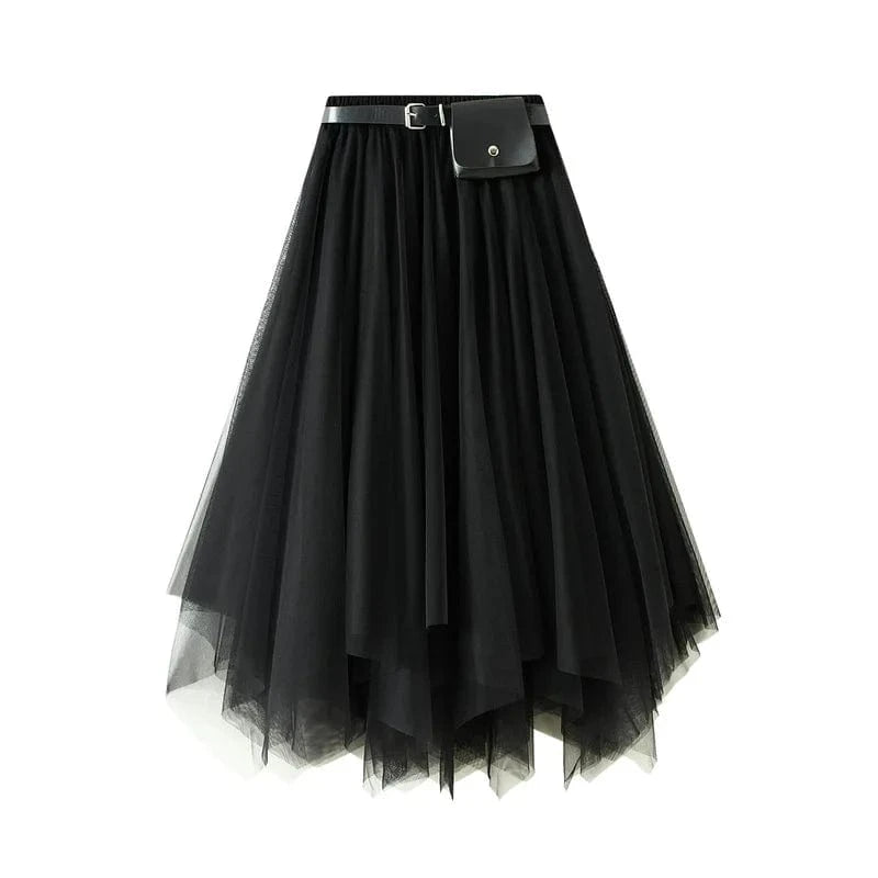 Free / Black Irregular Tutu Skirts Women With Belt Princess Fairy Large Hem Dance Pleated Mesh Tulle Mid-Calf Skirt Vintage Korean Faldas