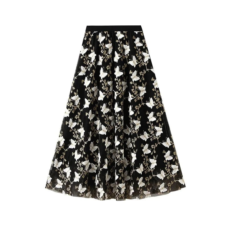 Free / Black Korean Casual A-line Mesh Skirts for Women Floral Embroidery Fashion High Waisted Mid-Length Skirt Ladies Lining Chic Charming