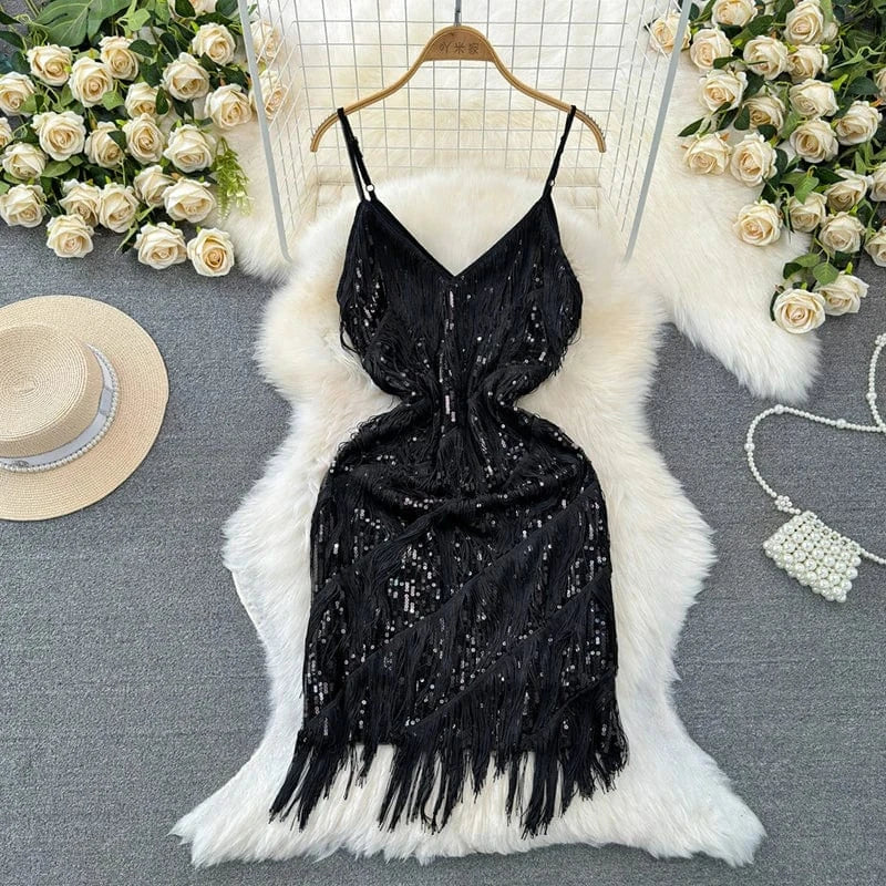 Free / Black Latin Dance Dress Women Sequined Tassel V-neck Bodycon Mini Party Dresses Solid Color Luxury French Clubwear Straps Dress
