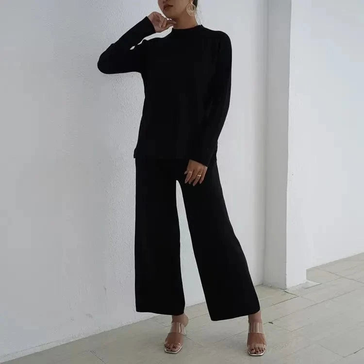 Free / Black Lazy Style Pullover With Split Long Sleeves Knitted Autumn and Winter Sweater Two-piece Set High Waisted Casual Wide Leg Pants