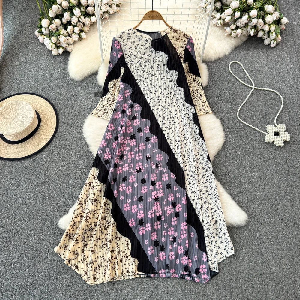 Free / Black New Retro Niche Design Printing Stitching Long Sleeve Plus Size Dress