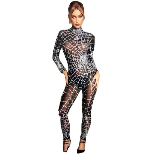 Free / Black NOVANCE Y3759 top selling products 2024 see through women's jumpsuits playsuits Spider web long sleeve bodyconjumpsuits for club