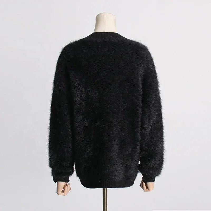 FREE / Black OUDINA 2024 Spring New Womens Classic Mink Velvet V-neck Sweater Loose Slim Sweater Cardigan Jacket