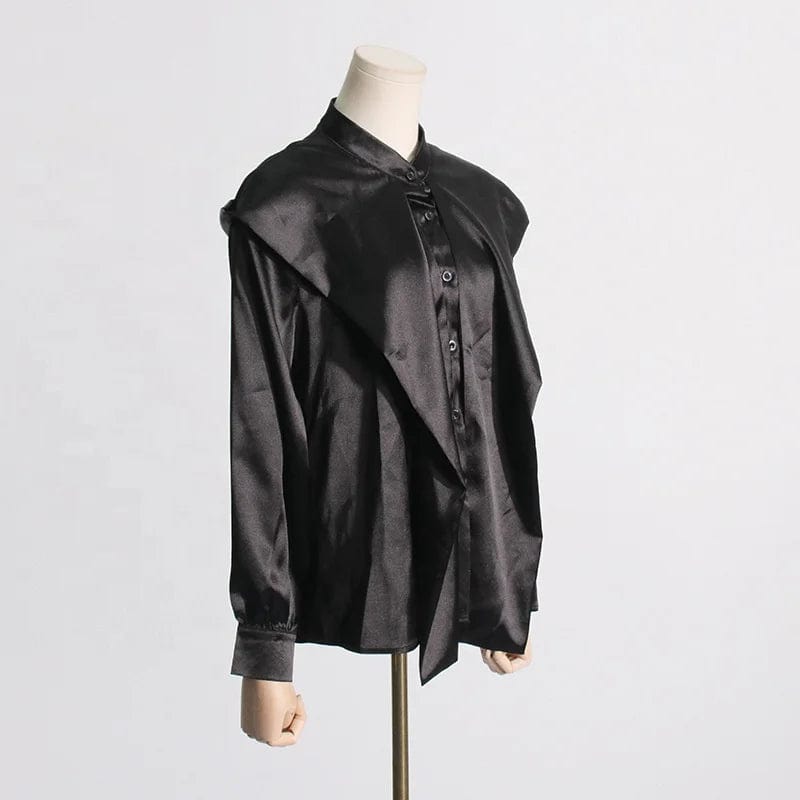 Free / Black OUDINA Fashionable Satin Shirt Woman Silhouette Long-sleeved 2024 Spring New Ribbon Design Black Ladies Shirts