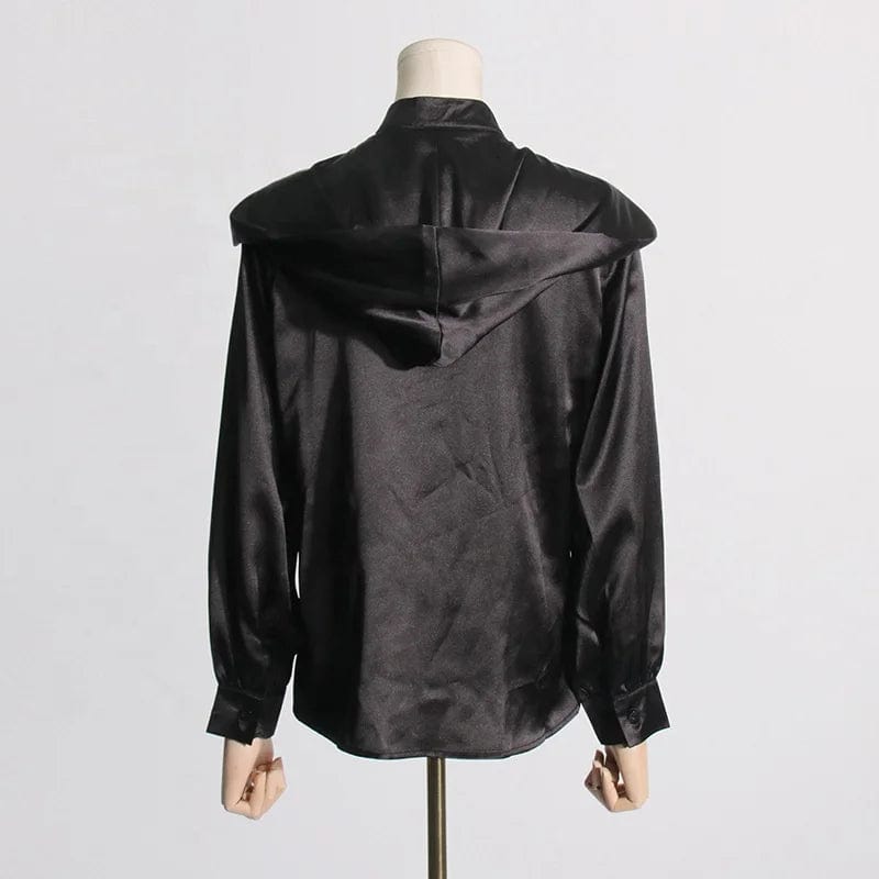 Free / Black OUDINA Fashionable Satin Shirt Woman Silhouette Long-sleeved 2024 Spring New Ribbon Design Black Ladies Shirts