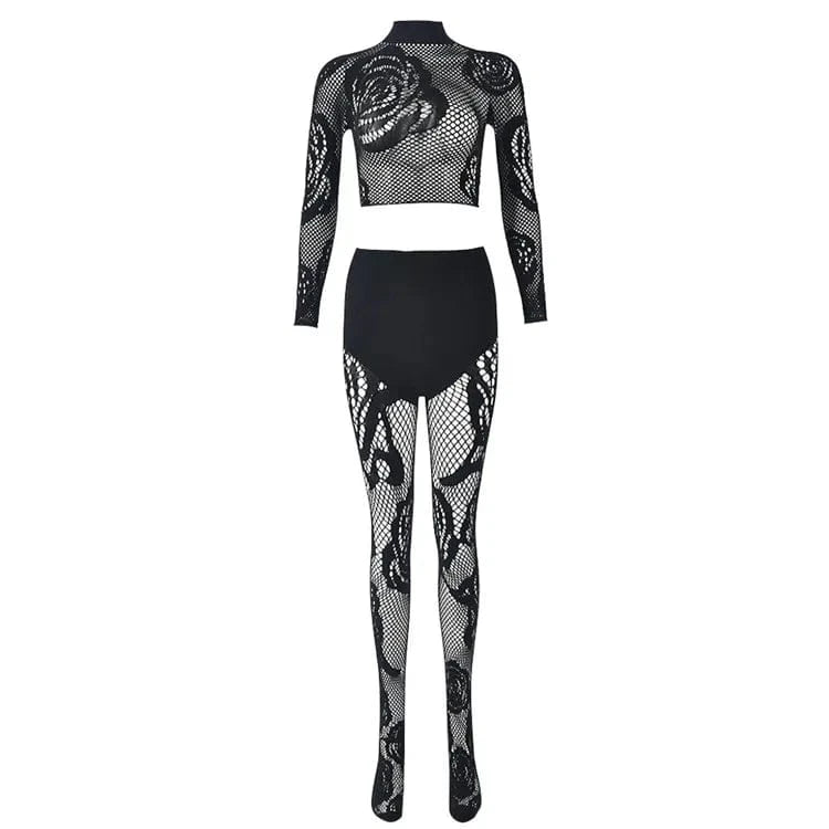 Free / Black Sheer Tights Set Two Piece Women Sexy Mesh Flower Long Sleeve Tops + High Waist Seamless Pantyhose Leggings Nylon Suits