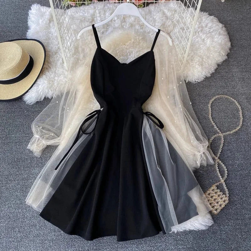 Free / Black Summer 2022 Hot Sale Bubble Sleeve V-neck Stitching Mesh Beads A-line Dress For Women Slimming Waist Mid-length Dress Wholesale