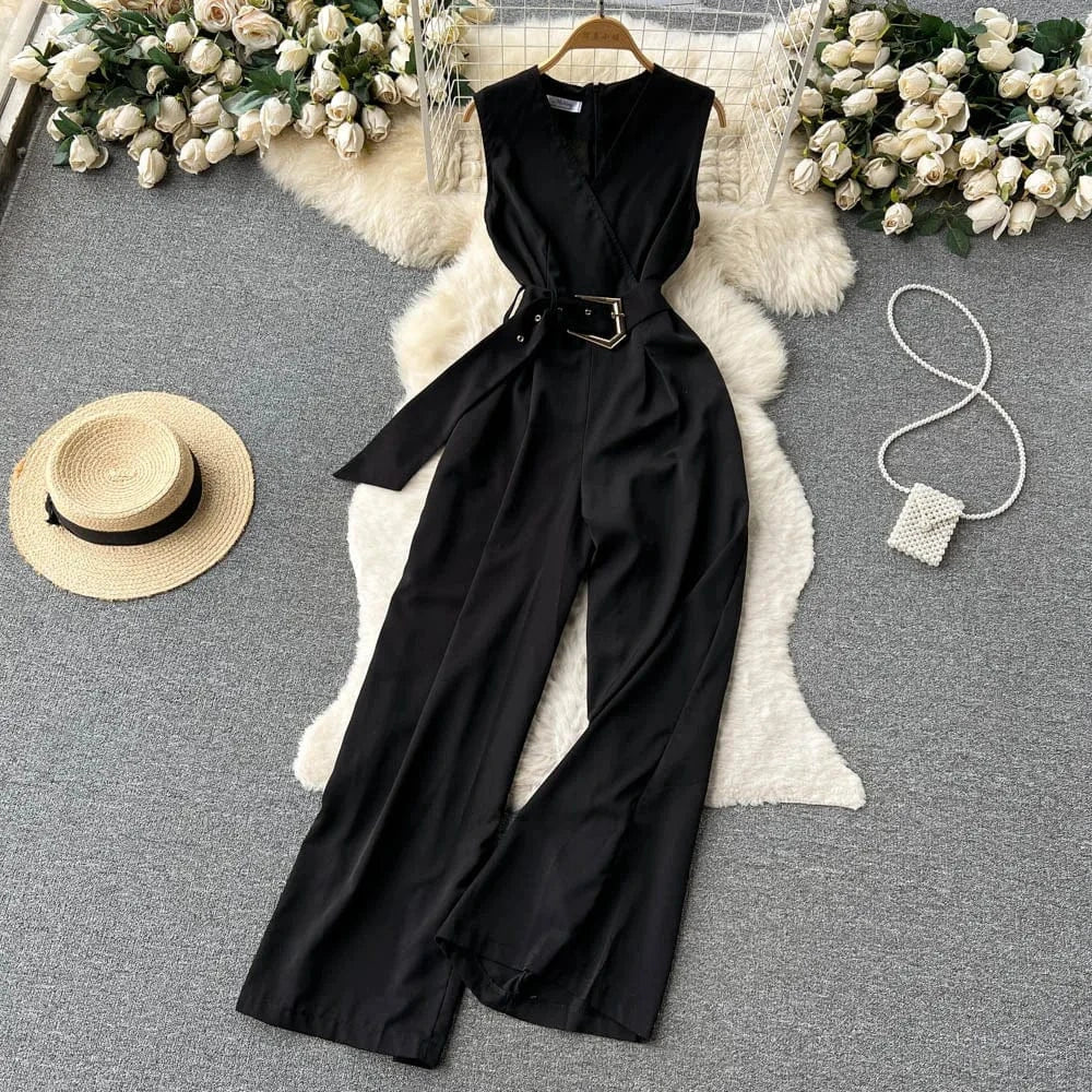 Free / Black V-neck Solid Casual Long Jumpsuits Autumn Jump Suits Ladies Elegant Overalls One Piece Wholesale