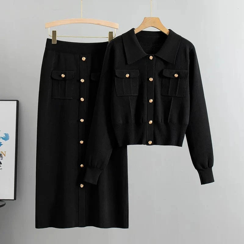 Free / Black Wholesale 2024 Autumn New French High Fashion Flip Collar long sleeve Sweater Skirt ribbed Knitted Women's 2 piece Set clothing